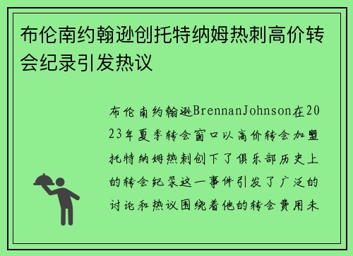 布伦南约翰逊创托特纳姆热刺高价转会纪录引发热议 布伦南约翰逊创托特纳姆热刺高价转会纪录引发热议